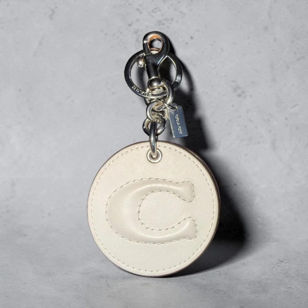 Coach Leather Mirror Bag Charm Keychain Chalk White Silver Tone C Logo F16117